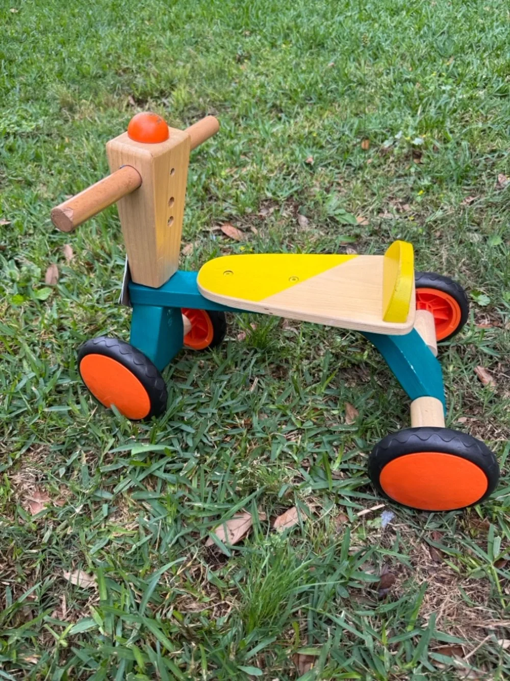 B. toys Smooth Rider Wooden Toddler Bike 18m+ Teal Yellow Orange 90lb Max